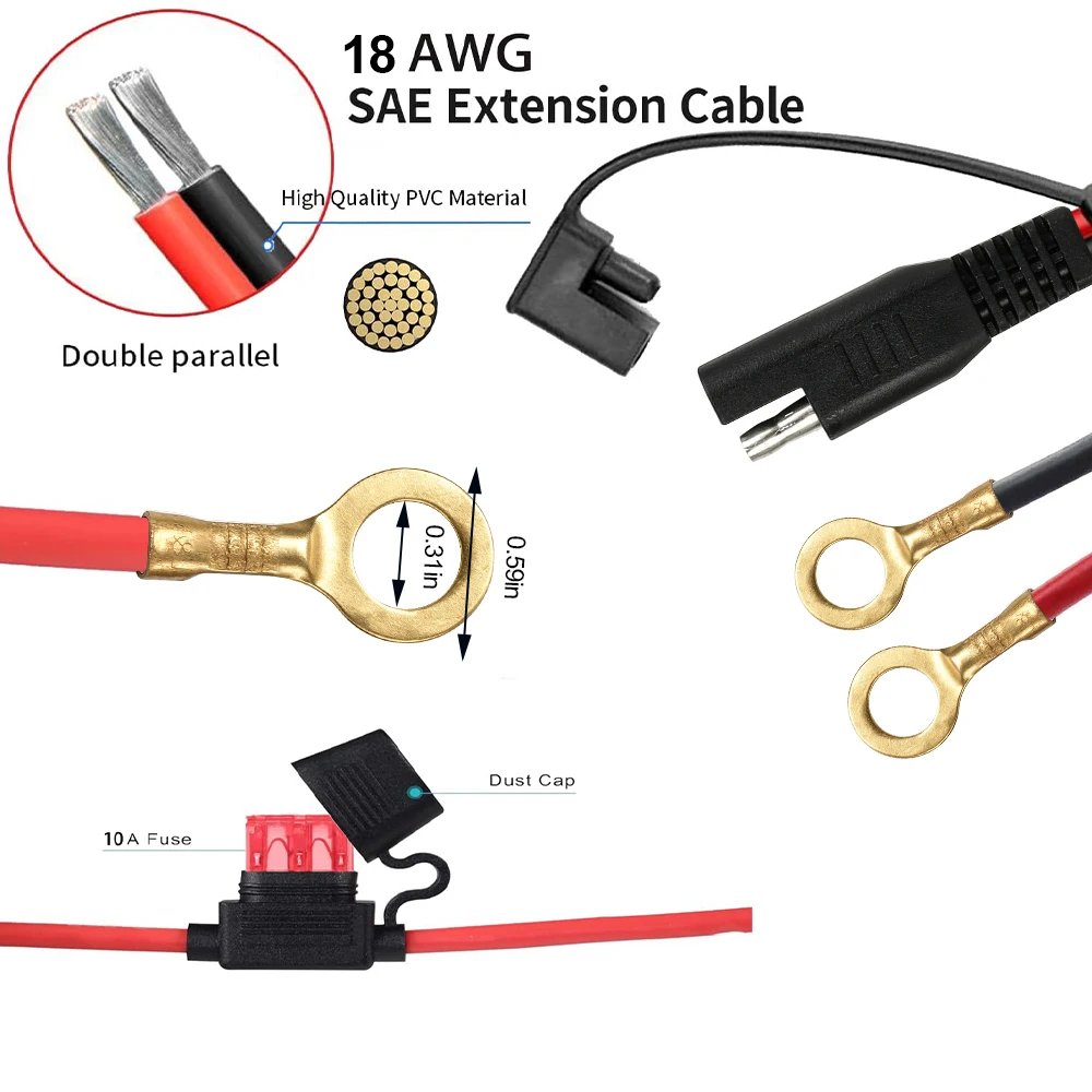 10A Fuse 18Awg 60Cm Sae To O-Ring Terminal Wire Harness Car Charger Battery Extension Cable for Solar Panels Motorcycle Car Rv - view 3