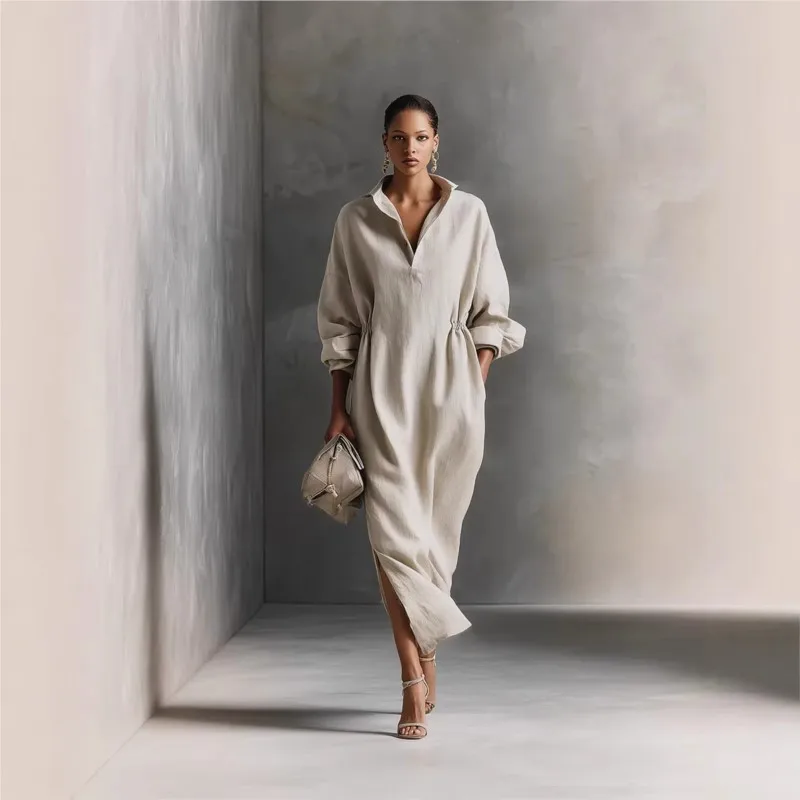 

Женское платье-рубашка с отложным воротником и боковым разрезом, весеннее, с завязками на талии, приталенное, винтажное, элегантное, с драпировкой, свободного кроя