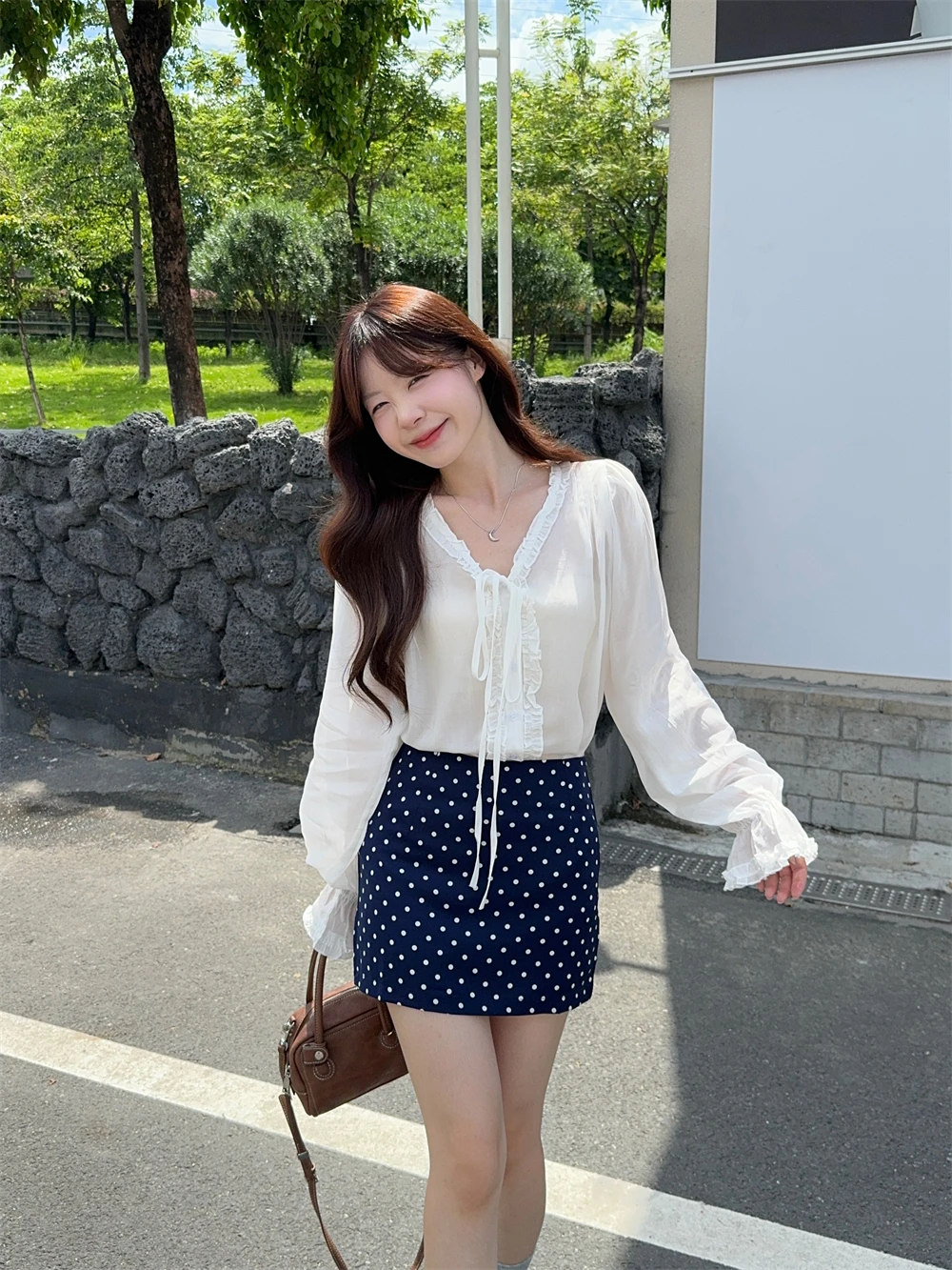 

Off Gentle Wind Women's irt V-ne Long Sve Polka Dot f-length Skirt Two-piece Set Autumn Faion Soft Sle