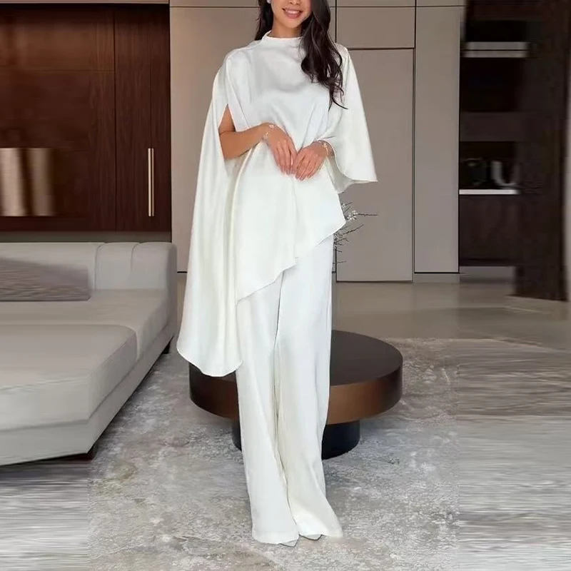 

Модный повседневный костюм с круглым вырезом и коротким рукавом для женщин: элегантный комплект из 2 предметов из атласа с высокой талией, свободные брюки с широкими штанинами и асимметричным кроем