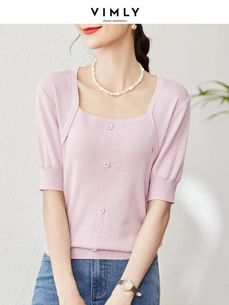 Vimly Summer Square Collar Knit Sweater for Women 2023 Pullover Short Puff Sleeve High Strecth Elegant Womens Knitwear Clothes