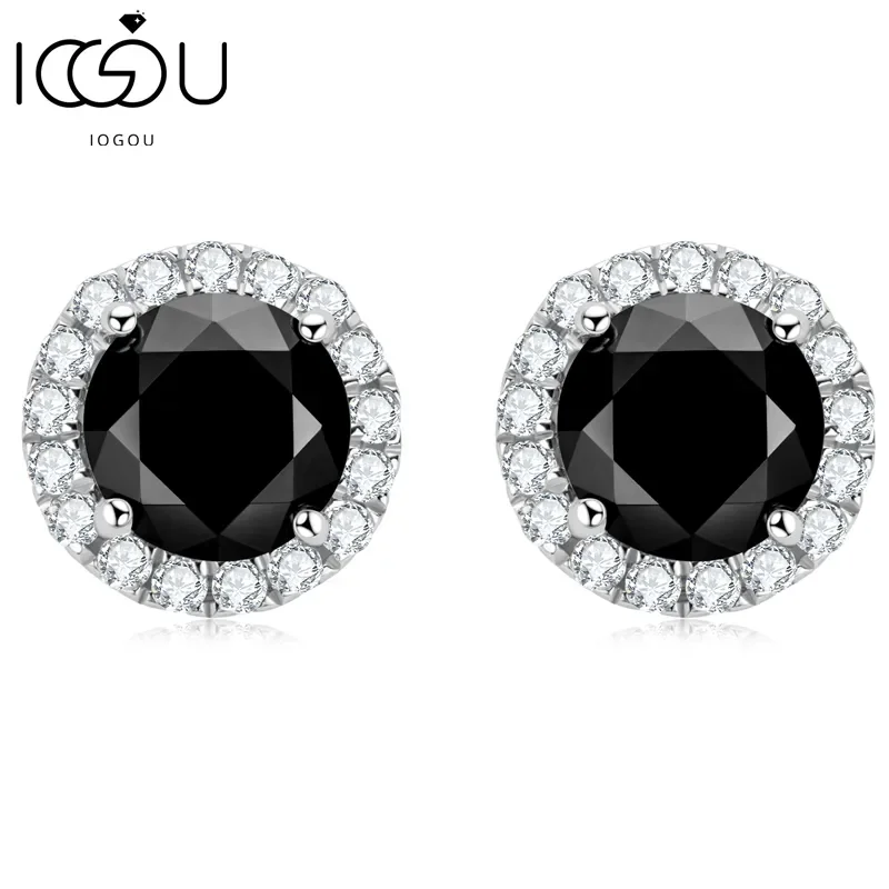 IOGOU 6mm Black Round Halo Moissanite Stud Earrings for Women Men Original 925 Sterling Silver Luxury Jewelry With Certificate