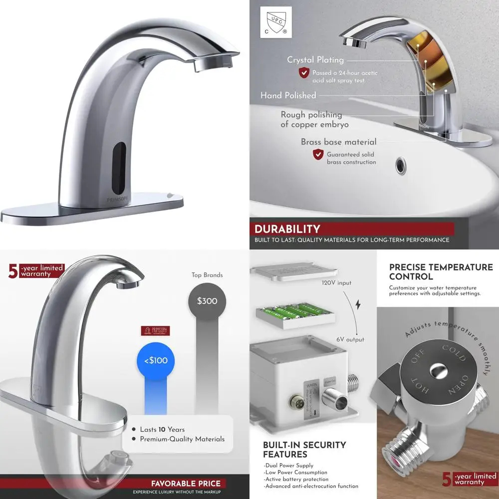 

Touchless Infrared Smart Faucet, Battery or Plug-in, Chrome Finish, for Commercial Bathroom Sinks