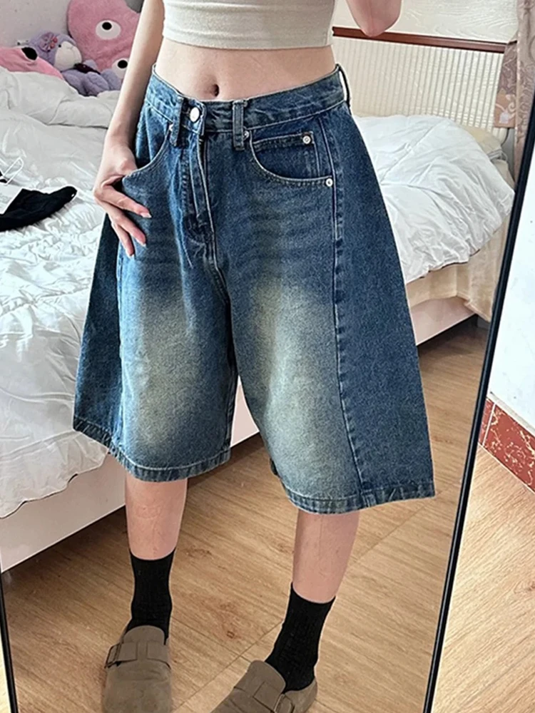 

Синие джинсовые джинсы трапециевидной формы с высокой талией, женские винтажные широкие джинсы больших размеров длиной пять четвертей, повседневные летние джинсы прямого кроя