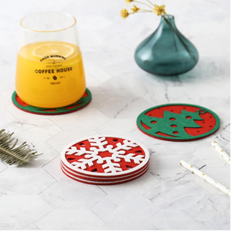 3 Pcs Christmas Felt Coasters Xmas Tree Snowflakes Shaped Cup Cushion Anti-slip Coaster Placemat Bowl Mats Cups Mat Party Decor