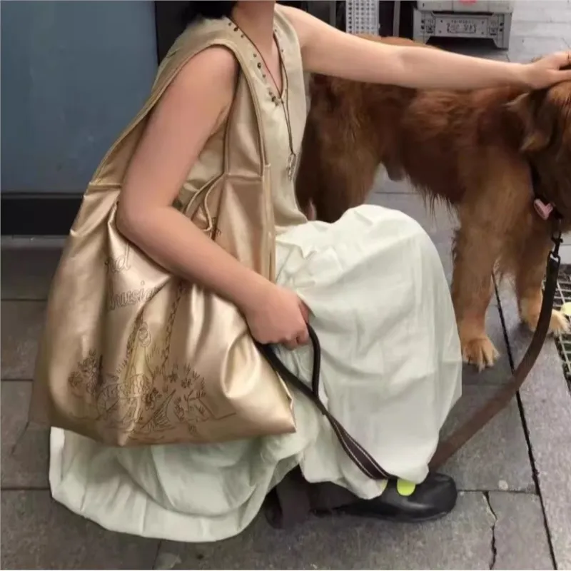 

Сумка-тоут с золотой вышивкой «Русалка», женская милая сумка большой вместимости, женская сумка Harajuku Y2k, эстетика, роскошный дизайн, сумки на плечо