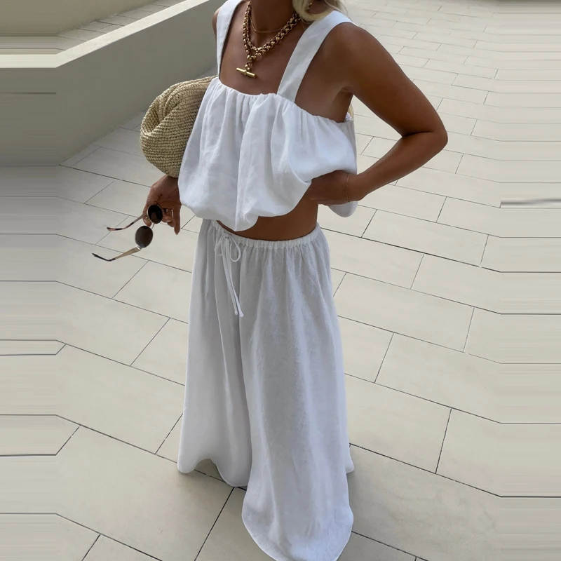 Square Collar Camisole Top+Wide Leg Pants Holiday Set High Street Exposed Navel Casual Outfits White Simple Summer Women's Suit