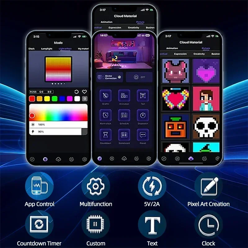 Pantalla LED de píxeles, Control por aplicación, luz nocturna programable, animación de patrón de texto DIY para decoración del hogar, dormitorio, sala de juegos
