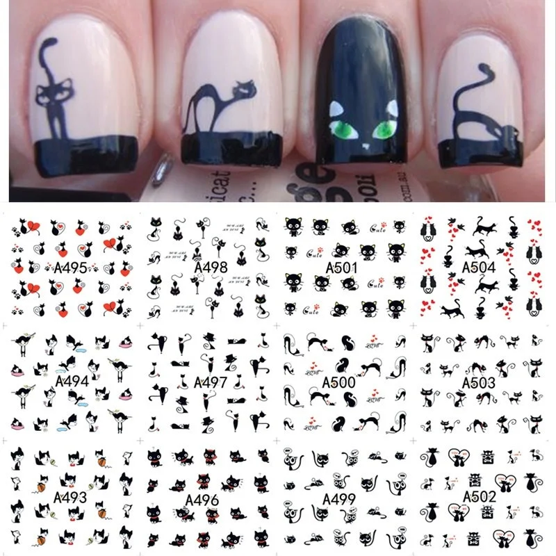 1 Sheet 12 Types Designs DIY Transfer Nails Art Sticker Black Cat Patterns Nail Wraps Decal Watermark Finger Nails Decals