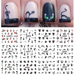 1 Sheet 12 Types Designs DIY Transfer Nails Art Sticker Black Cat Patterns Nail Wraps Decal Watermark Finger Nails Decals