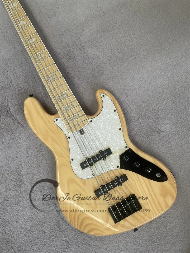 5 Strings Bass Guitar V7 Body ASH Wood Body Maple Fingerboard Pearl Inlay Fixed Bridge Black Tuners Active Battery