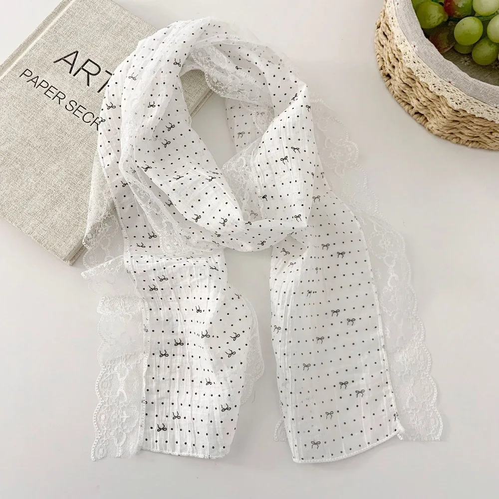 

Элегантный шелковый платок с узлом-бабочкой, в горошек, с кружевной отделкой, легкий женский головной платок-шарф