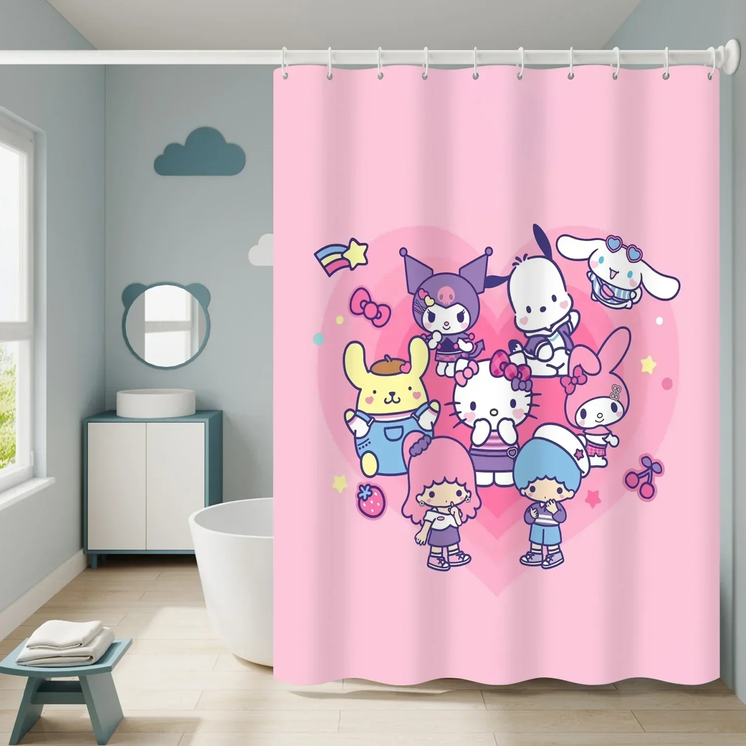 Imagem -04 - Cortina de Banheiro Sanrio Kuromi Kuromi Mymelody Cinnamoroll Desenhos Animados Kawaii Anime Decoração de Cortina de Chuveiro Impermeável Ganchos Anti-oídio Presente