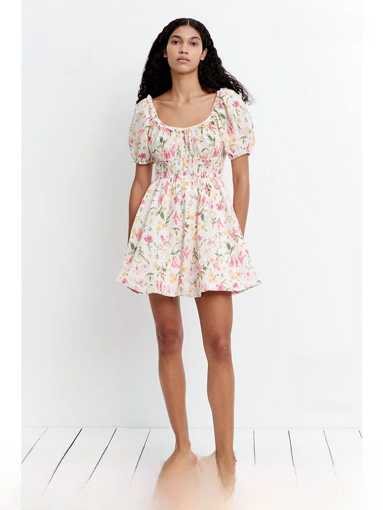 

H&M Women's Dress Summer Vacation Style Bubble Sleeve Floral Print Elegant Cotton Short Skirt Square Collar Other