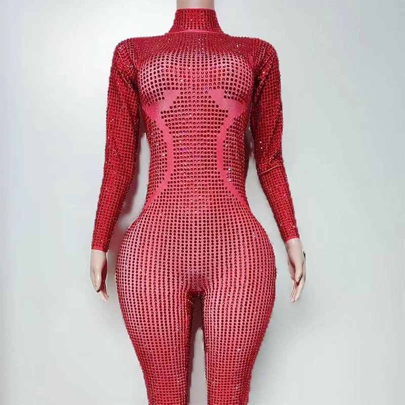 Strass Rode Lange Mouw Bodysuit Zanger Danser Prestaties Stadiumkostuum Ds Party Show Outfit Nachtclub Bar Dancewear yj015