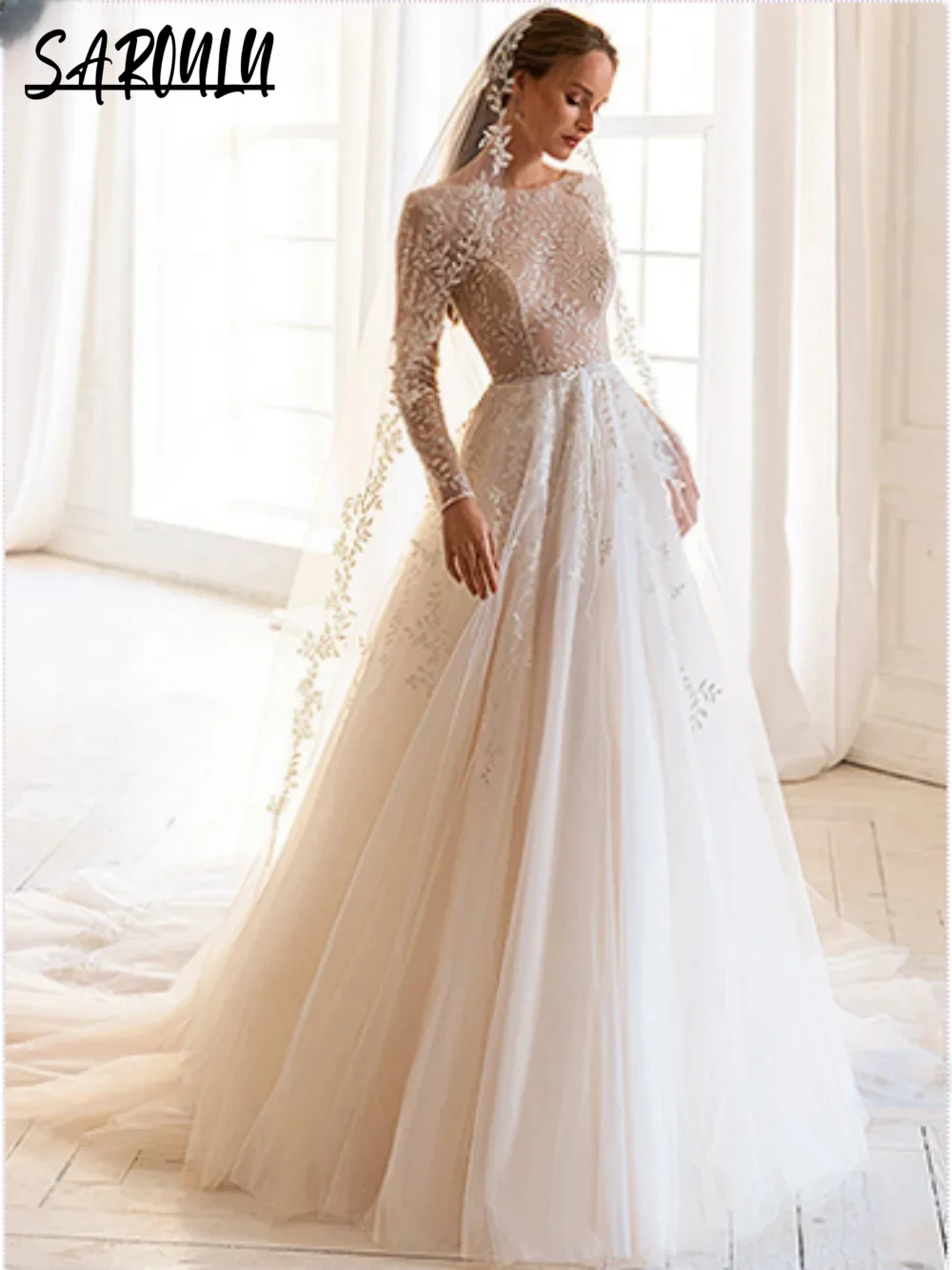 

Romantic White Wedding Dress Real Photos Appliques A-line Bride Robe Elegant Floor-length Bridal Dresses Vestidos De Novia