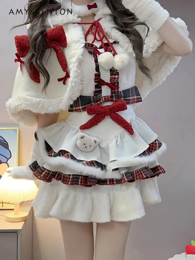 

Autumn Winter New Hot Sale Cute Sweet Christmas White Fringe Cloak Design Puffy Plaid Strap Dress Sleeve Three-Piece Set
