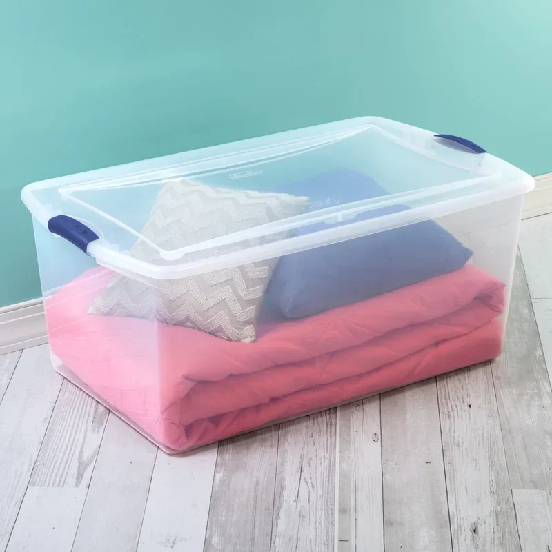 Contenedor de almacenamiento de plástico transparente con tapa de enganche, contenedor organizador apilable, mantas, ropa, artículos de temporada, Ideal para el hogar y la Oficina