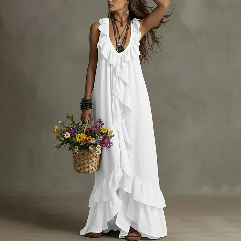 Summer Women Dress V Neck Sleeveless Solid Color Ruffle Hem Dresses Spring Summer Matching Set