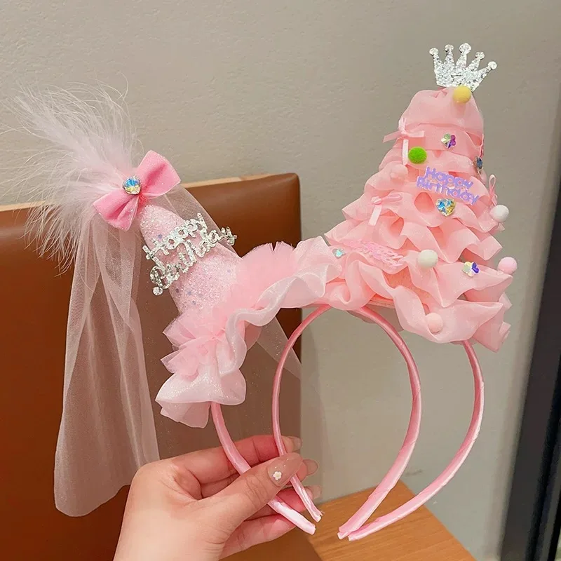 

Cute Birthday Hair Accessories Hairband Mesh Gauze Crown Princess Happy Birthday Headband Colorful Cake Women Hair Hoop Headwear