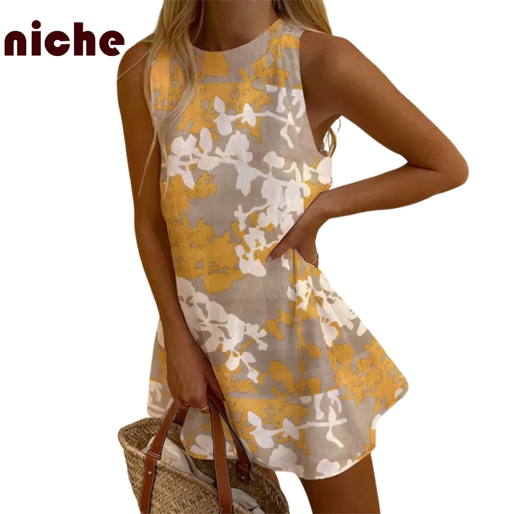 Ladies Sleeveless Dress Retro Maillard Color Leaf Graphic Printing High Quality Soft Fabric Trendy New Beach Vest Skirt