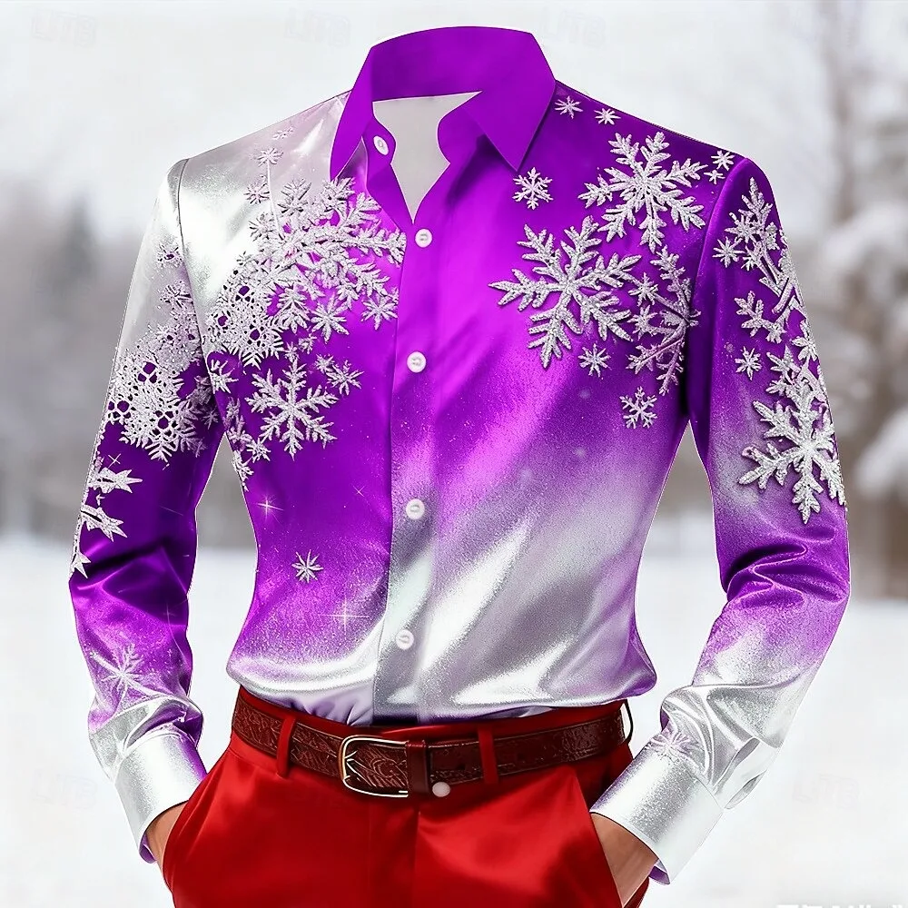 เสื้อเชิ้ตแขนยาวผู้ชายสไตล์คริสต์มาส เสื้อผ้าผู้ชายพิมพ์ลายเกล็ดหิมะหลากสีสัน 3 มิติ เสื้อแฟชั่นกลางแจ้ง