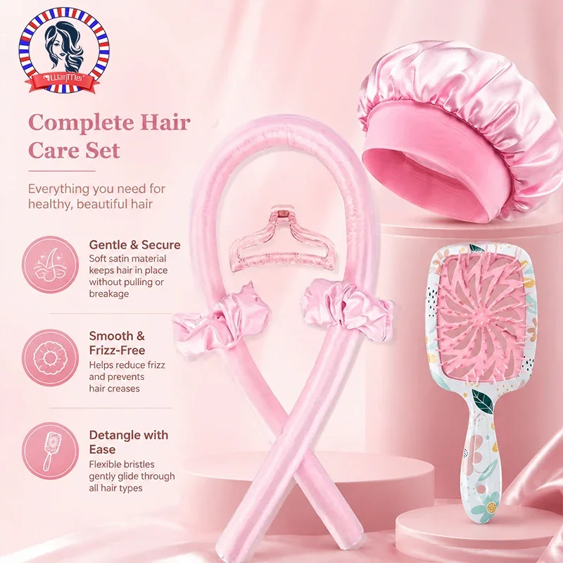 6PCS Heatless Curls Set Overnight Hair Curler Satin Bonnet Vented Detangling Brush No Damage Hair Styling Kit for Women