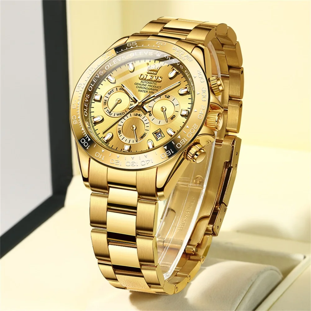 OLEVS Men Mechanical Wristwatch Luxury Gold Stainless Steel Automatic Watch Multifunction Watch for Men Relogios Masculino