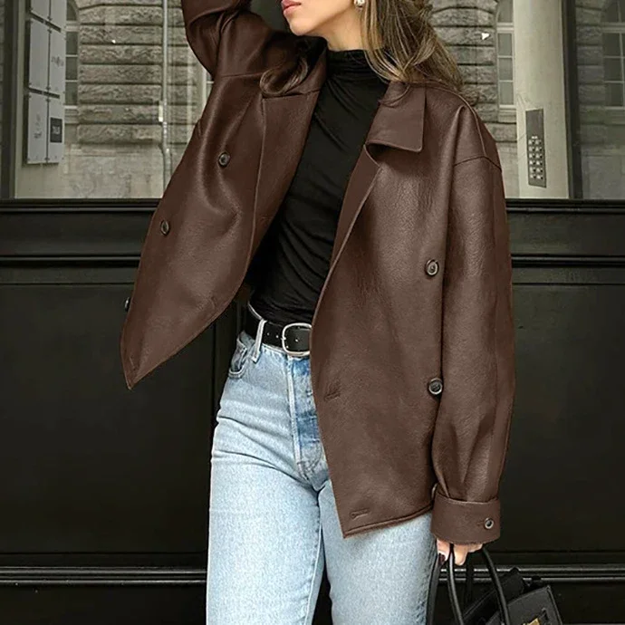 Fashion Lapel Zipper Pu Leather Jacket for Women Elegant Long Sleeve Solid Loose Coat 2024 Autumn Lady Street Outerwear