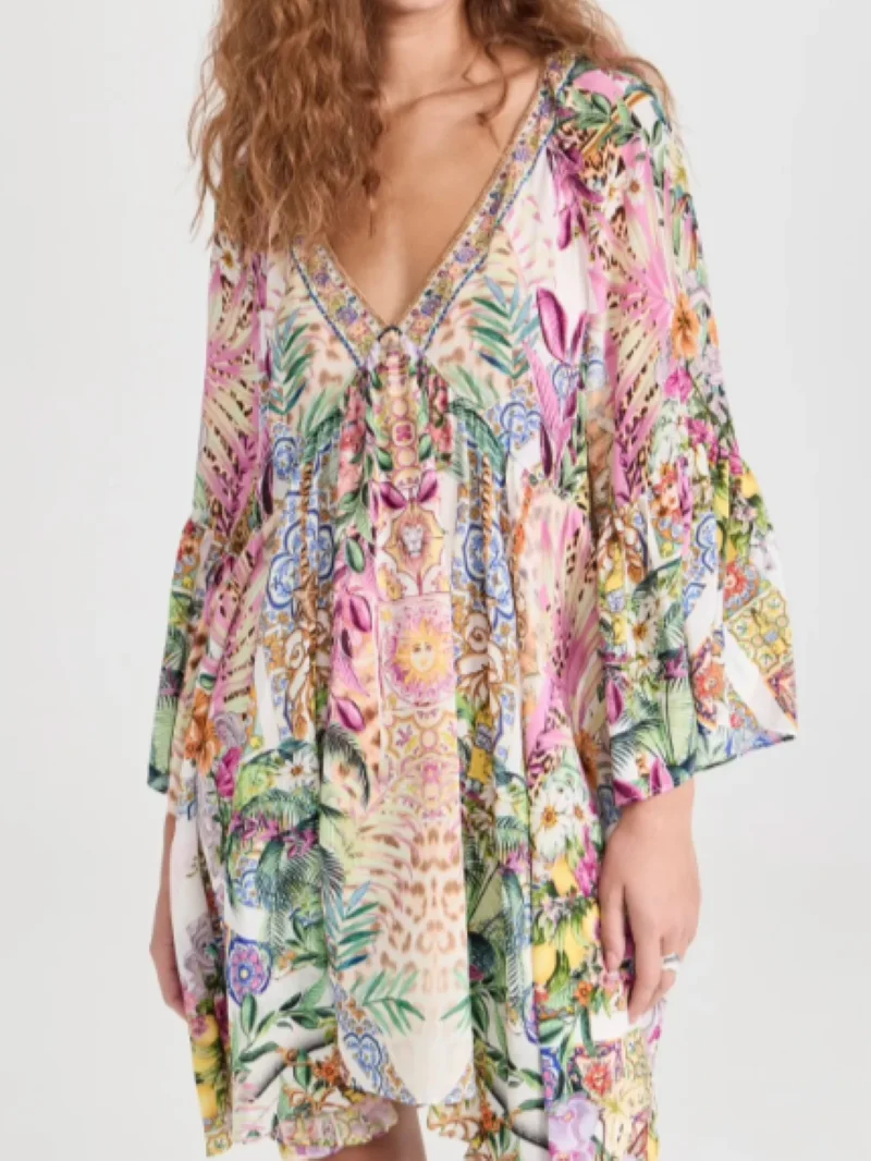 Women Beaded Flower Printed Dress 100% Silk V-Neck Long Sleeve Loose Summer 2024 Mini Robe