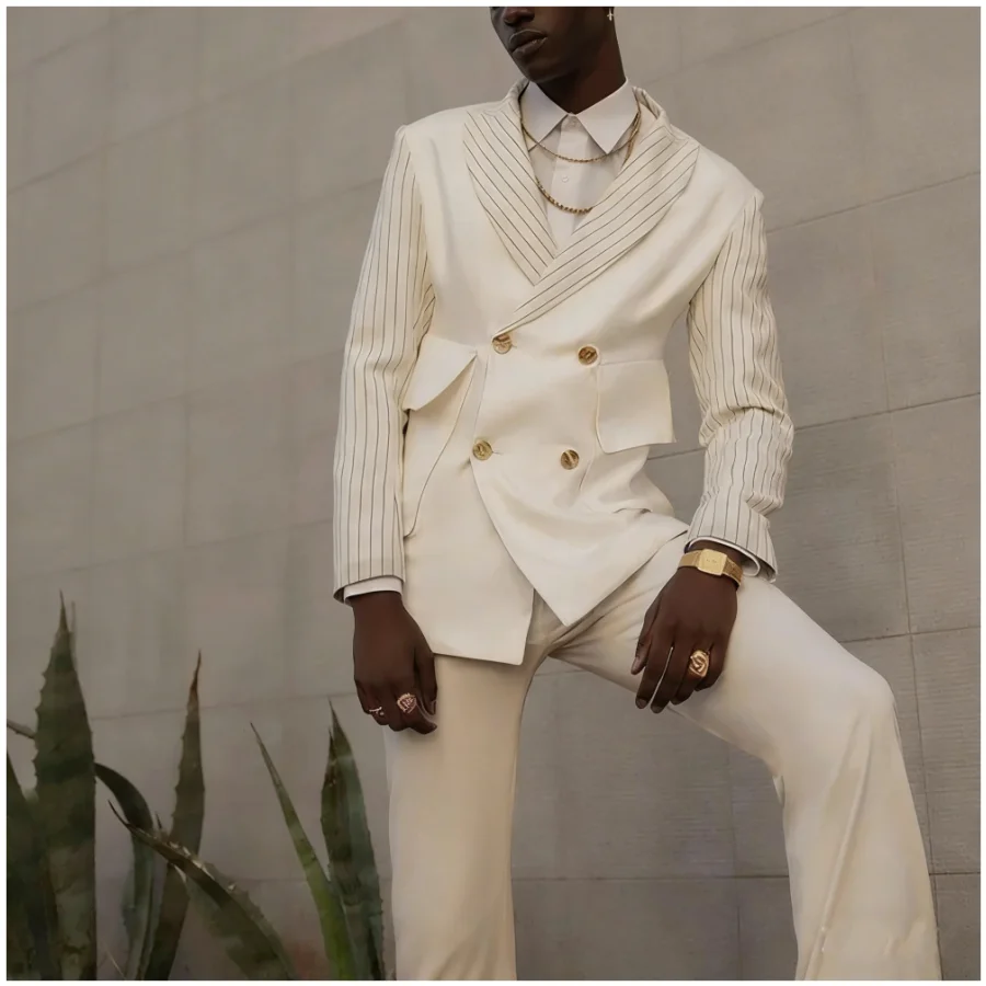 

Latest Design Stripe Solid Patchwork Men Suits Double Breasted Tuxedos Groom Wedding Evening Party Prom Custom Jacket Pants