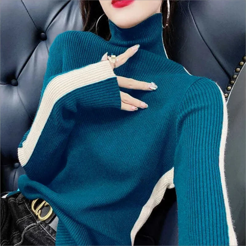 

Fashion Turtleneck Knitting Spliced All-match Sweater Women's Clothing 2024 Autumn New Casual Pullovers Loose Korean Tops