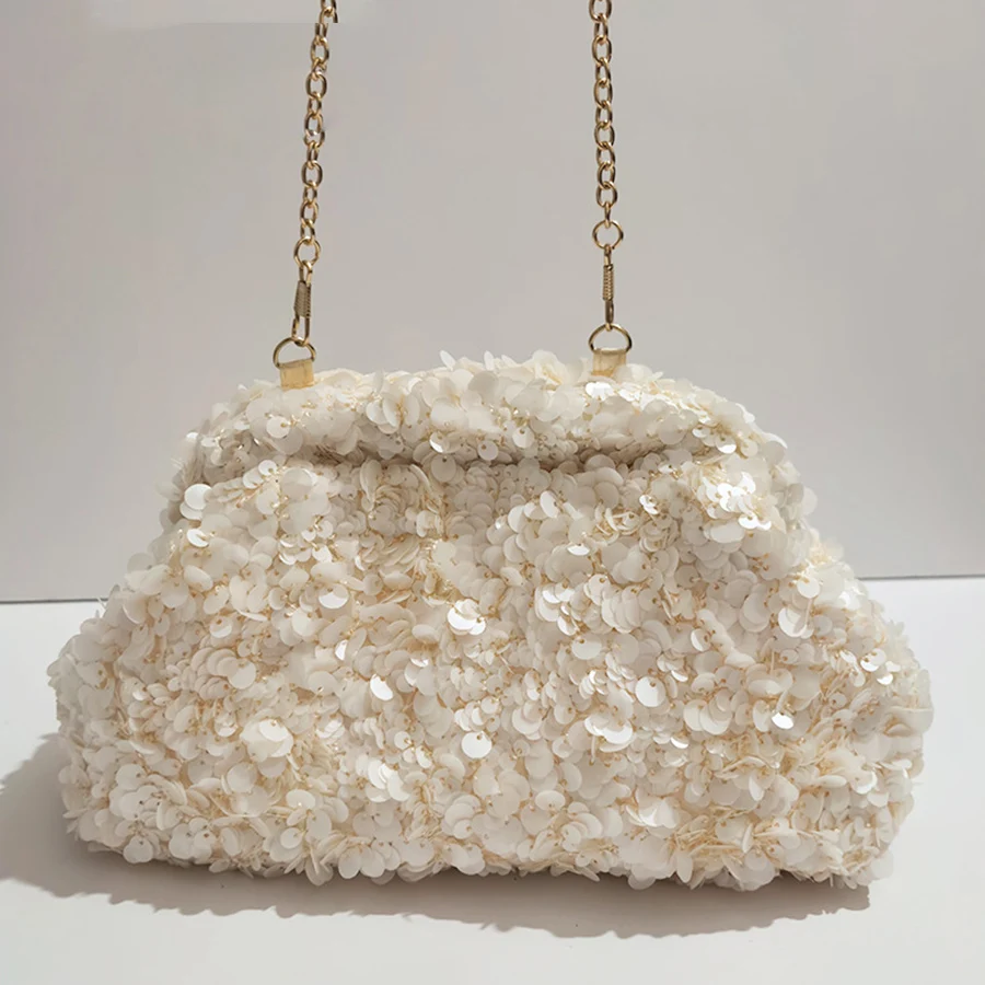 

Women's Sequined Clutch Bag New Chains Versatile Shoulder Bag Clip Shell Bag Beaded Party Evening Bag Dumpling Cloud Handbags ﻿