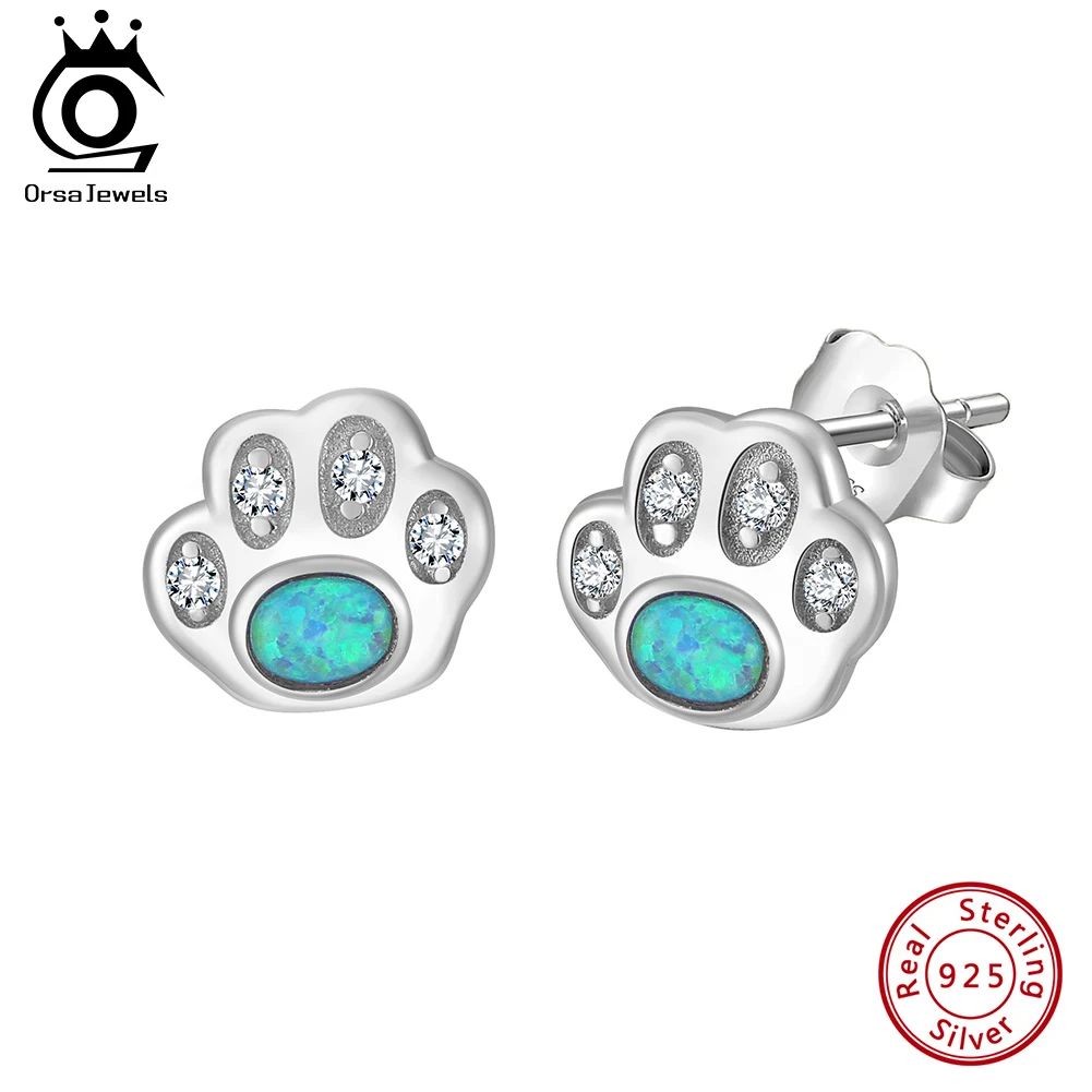 ORSA JEWELS Fashion Dog Paw Earrings with Zircon 925 Silver Cute Cat Footprint Opal Stud Ear Jewelry Piercing Ear Party SE402