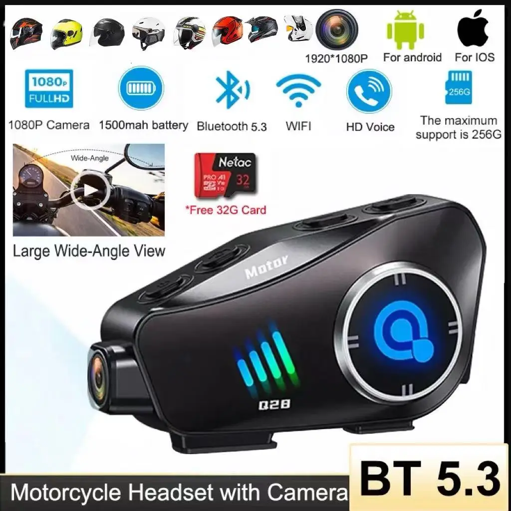 Motocicleta Bluetooth Capacete Headset, câmera sem fio, gravador de vídeo disco rígido, chamada HD Headset, 1080P, BT5.3