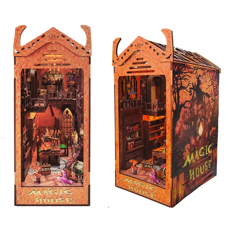 

DIY Wooden Book Nook Shelf Insert Kits Miniature Building Kit Magic House Bookends Bookshelf Dollhouse for Friends Xmas Gifts