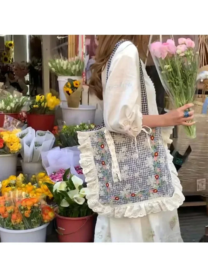 المرأة خمر منقوشة الدانتيل والتطريز حقائب كتف واحدة حقائب اليد النسائية لينة الأزهار القطن حقيبة سعة كبيرة