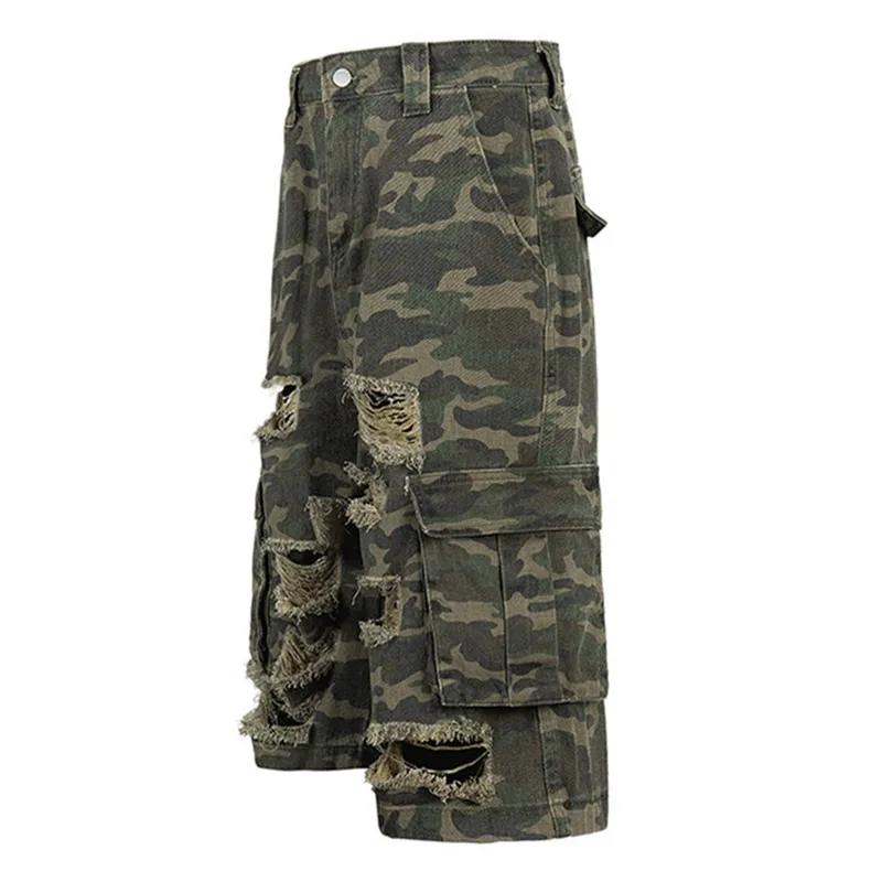 여름 위장 반바지 남자 구멍 하이 스트리트 힙합 데님 반바지 남성 무릎 길이 캐주얼 바지 패션 빈티지 streetwear