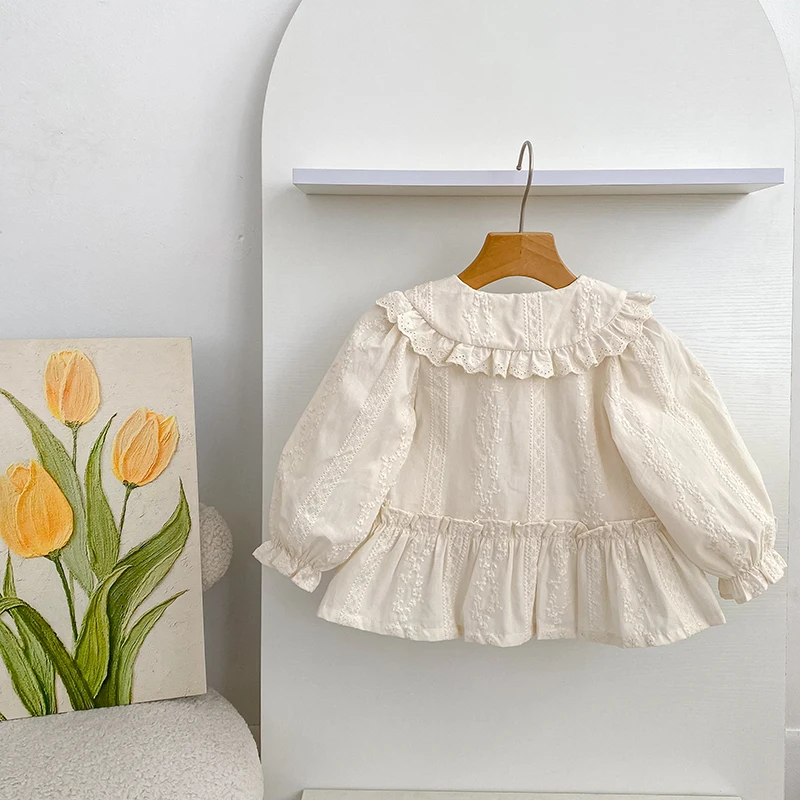 Koreanischer Stil Baby-Mädchen Spitzenbluse mit Puppenkragen, Herbst Langarm-Rüschenhemd, Besticktes Rüschen-Prinzessinnen-Oberteil für Kinder, Lässiges Top – Detail 1
