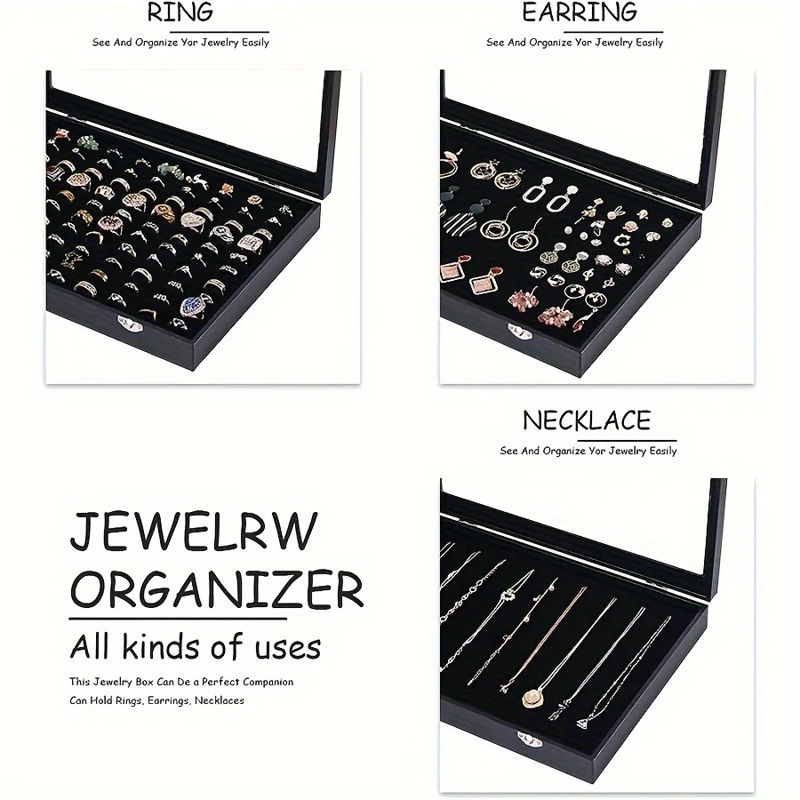 Tampa De Vidro Para Exibição De Jóias, Suporte Do Anel, Caixa De Armazenamento, 100 Groove