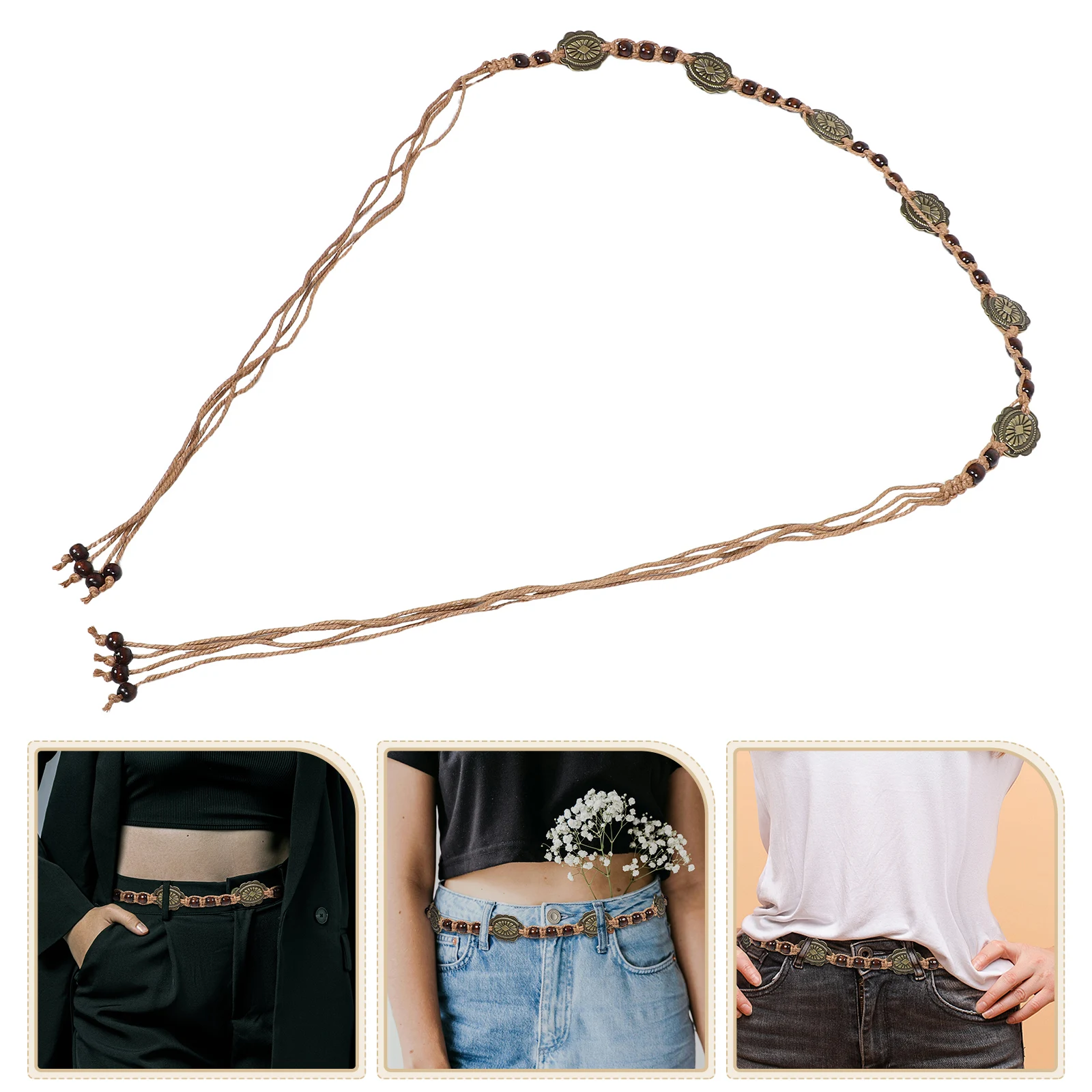 

Boho Belt Beaded Rope Waist Belts Fashion Braid Cotton Linen for Women Braided Dresses