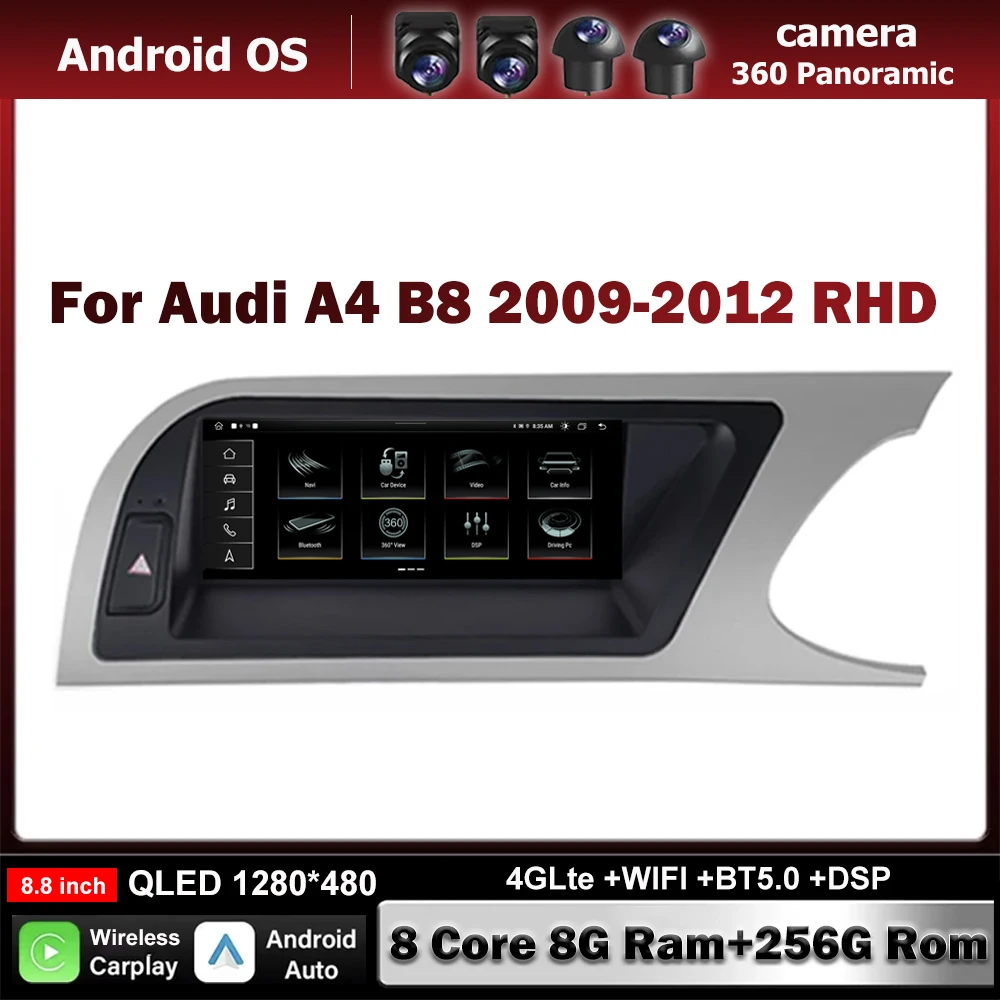 RHD Car Multimedia Carplay For Audi A4 B8 2009-2012 Player WIFI 4G Android Auto 8 Core DSP Google BT GPS Navi Receiver Tablet 