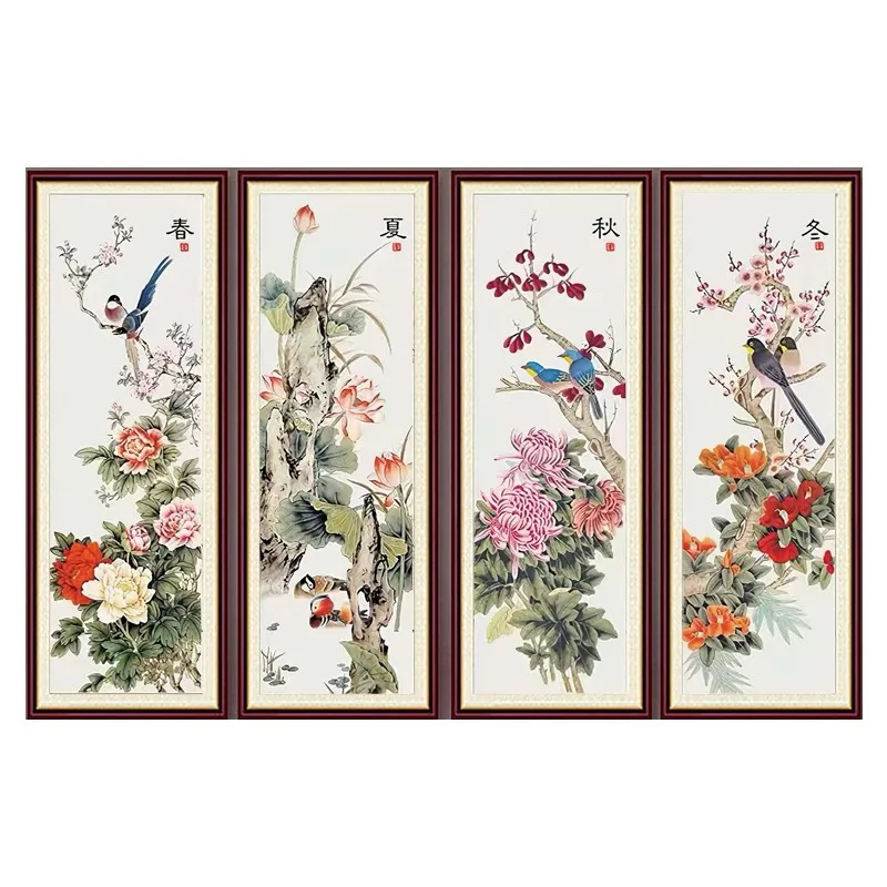 The Four Seasons 11CT Birds Flowers Embroidery DIY Printed Kits Cross Stitch Needlework Set Home Decor Crafts 35x100cm/piece