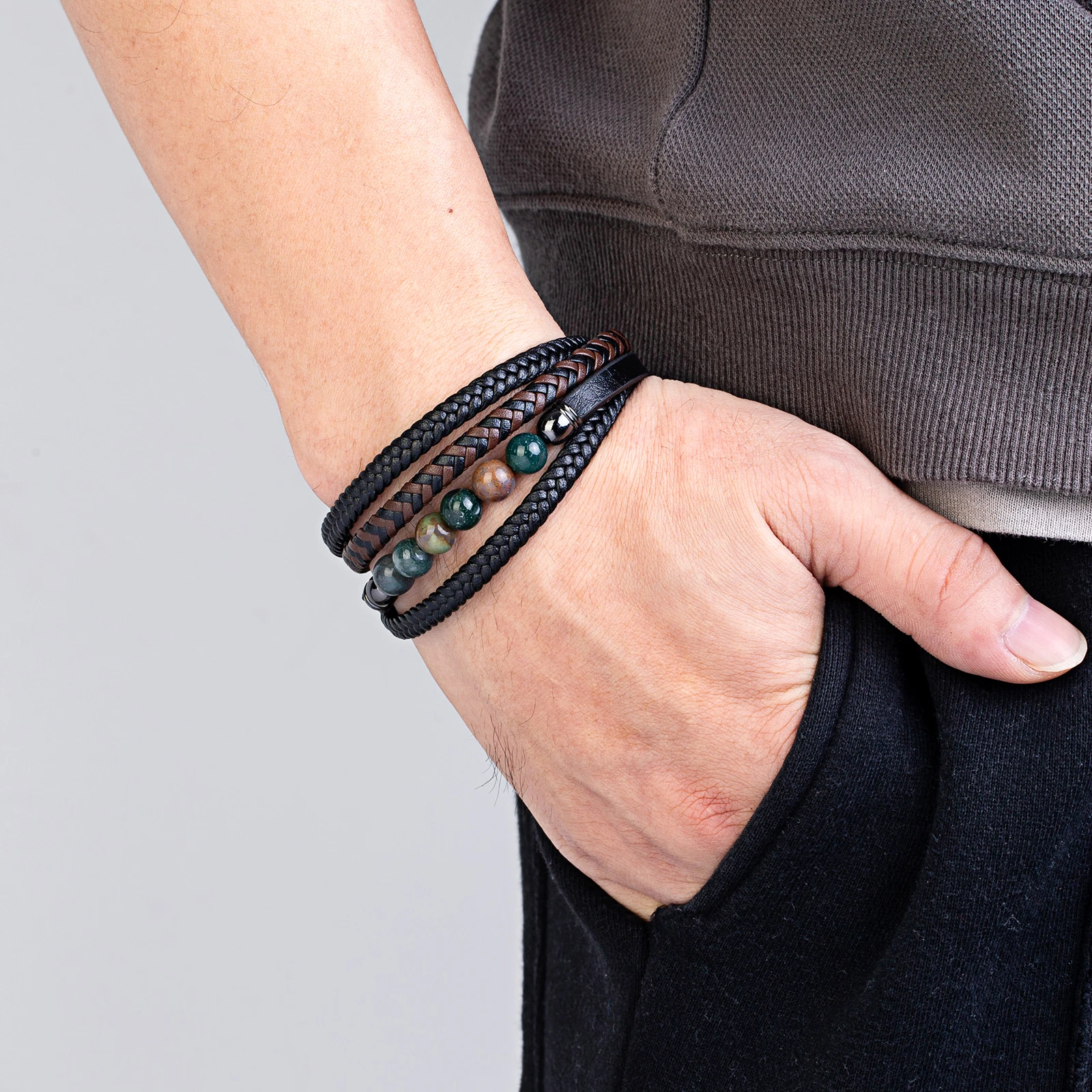 Natürliches Rundes Lavastein-Perlenarmband für Männer, Mehrschichtiges Geflochtenes Lederarmband, Modisches Tigerauge-Schmuckstück, Geschenk für den Freund – Detail 13