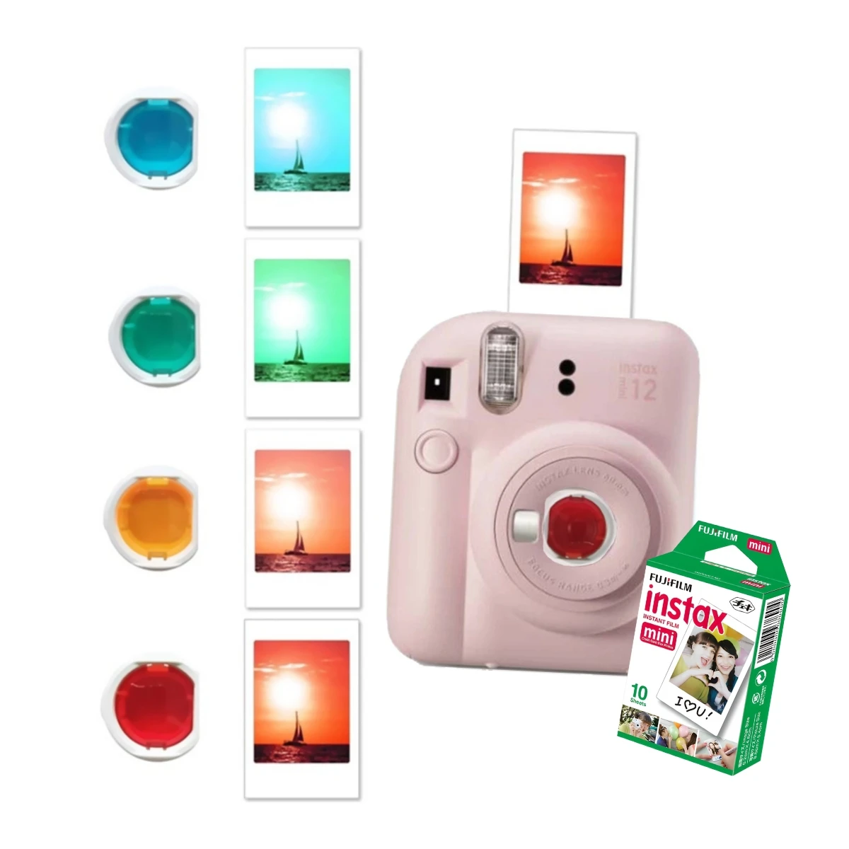 Instax Mini 12 Pink Camera with Color Instax Mini 4 Colors Lens (gift)