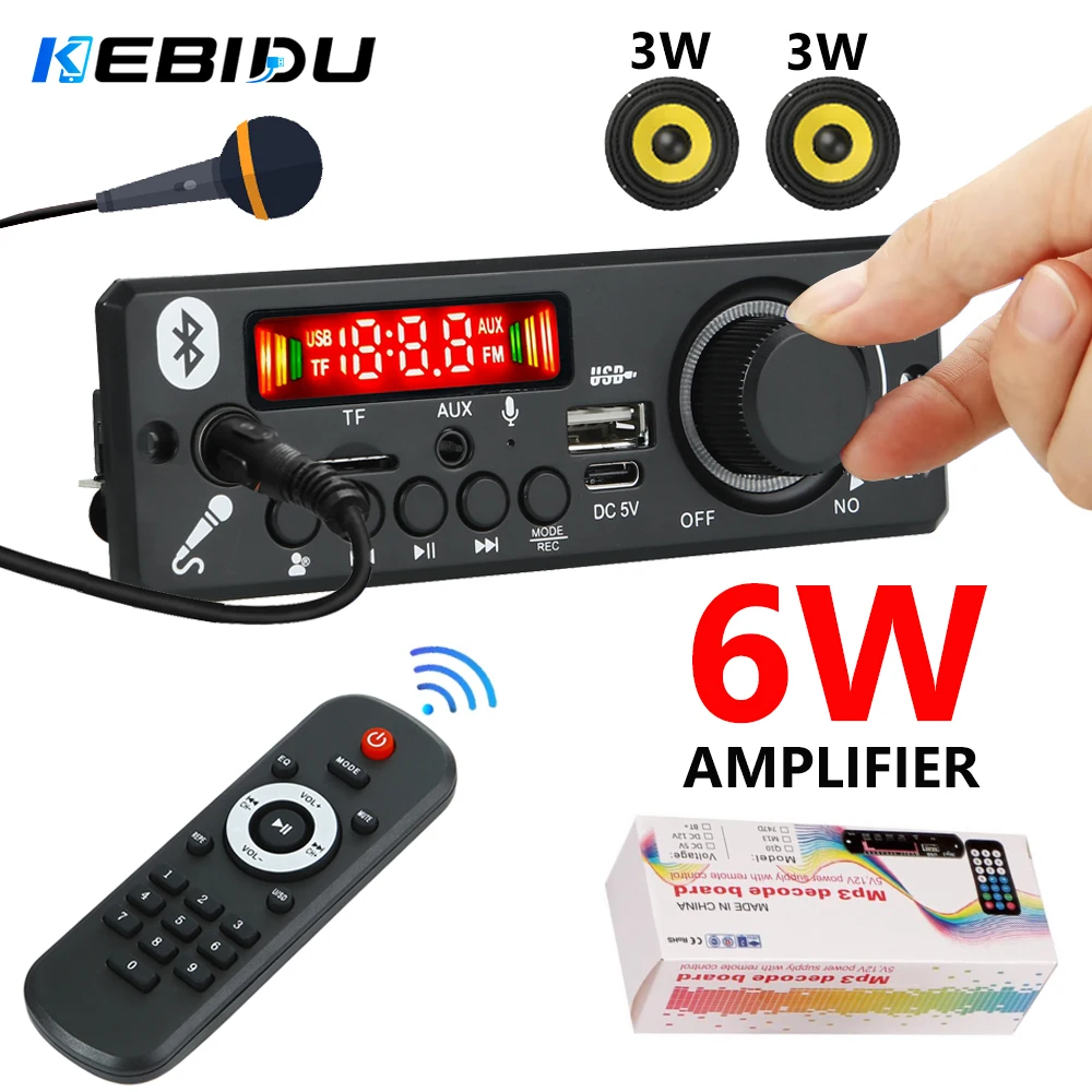 KEBIDU Bluetooth MP3-Decoder-Board 6W Verstärker Kabelloser MP3-Player DC 5V Auto-Audio-Modul mit Mikrofon USB TF FM-Radio für Lautsprecher