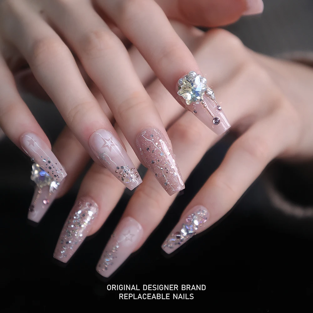 ZIIIBEYOND  Accompanied by stars and moon, nail art gentle pink with star and moon wedding nails  ZB23