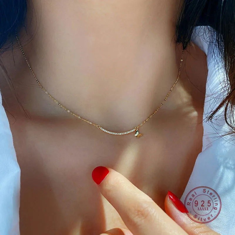 

HI MAN 925 Sterling Silver Korean Pavé Zircon Smile Glossy Butterfly Pendant Necklace Women Fashion All-Match Jewelry