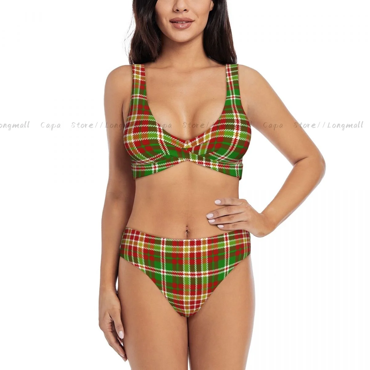 Zomer Dames V-hals Bikini Set Tartan Plaid Patroon Badmode Vrouwelijke 2-delige strandbadpak Badpak