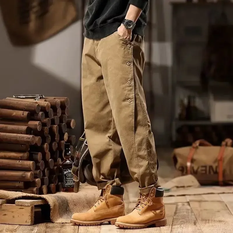 New Autumn Winter Casual Pants Loose All-match Vintage Lantern Pants Men Elastic Waist Buttons Cotton Sweatpants Male Trousers